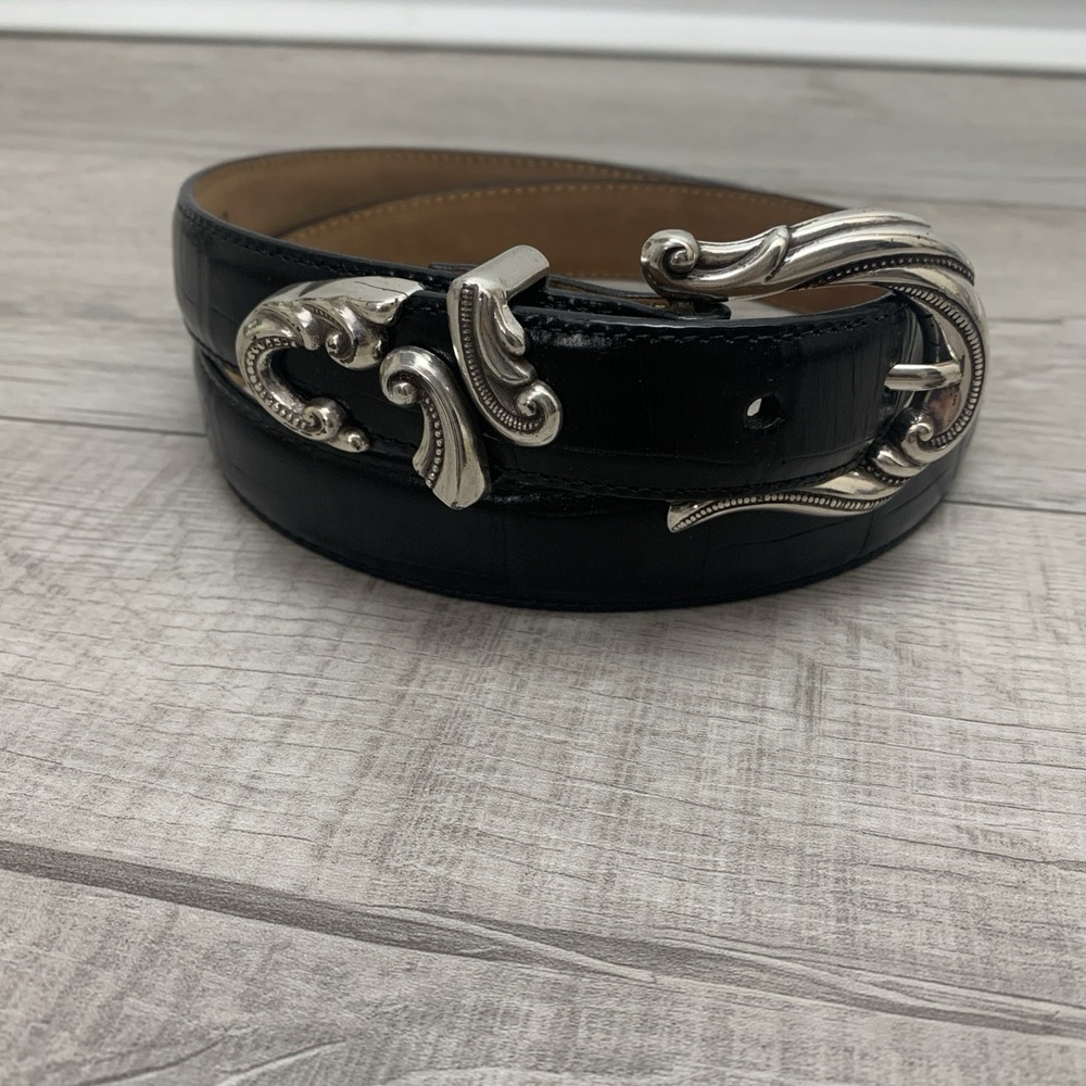 VTG 90s Brighton Black Leather Croc Belt Ornate Silver Scroll Buckle L 2677